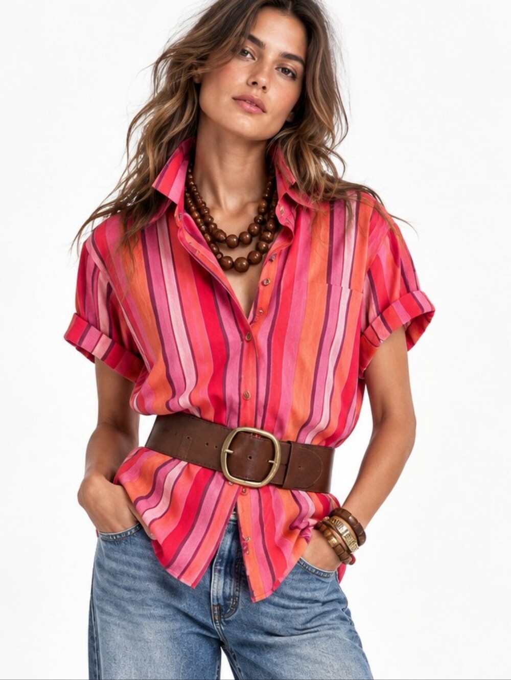 Cabi Top Linen Blend Button Down Stripe Top 5977 Tickled Pink Short Sleeve